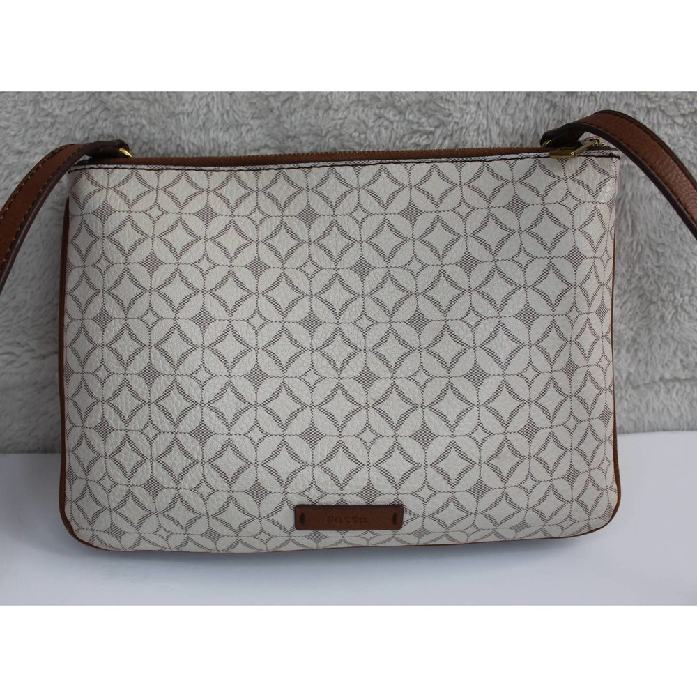 Fossil Sadie Crossbody Bag w/ Multiple Compartments in Bone White Coated Canvas